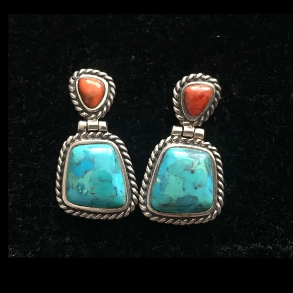 BARSE Sterling Silver Rope Edged Turquoise and Coral Drop Earrings